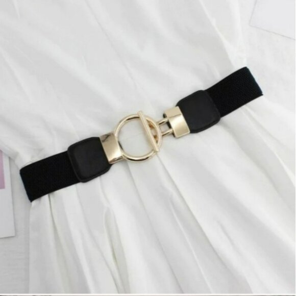 Plus size gold tone black stretch elastic toggle buckle minimalist dress - Picture 1 of 10